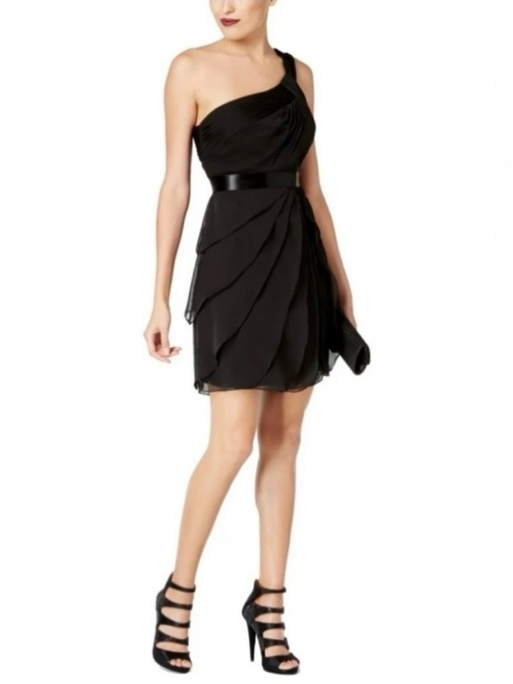 Adrianna Papell Black One-Shoulder Ruffle Cocktail Wedding Guest Dress size 2